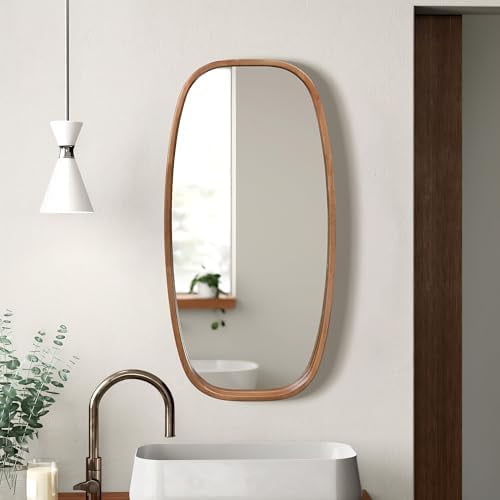 LuxenHome Rounded Rectangle Wall Mirror, 31.5" x 15.5" Large Natural Brown Rubberwood Framed Decorative Mirror, Wall Mounted Long Wooden Mirrors for Entryway Bathroom Bedroom Hallways Home Decor