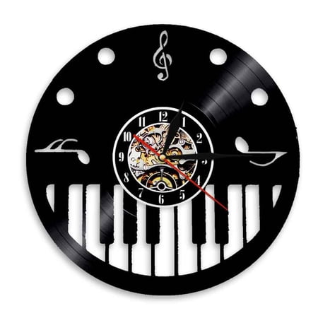 Piano Keys and Treble Clef Vinyl Record Wall Clock Pianist Musical Artist Studio Room Wall Decor Vintage Clock Piano Wall Art Without LED