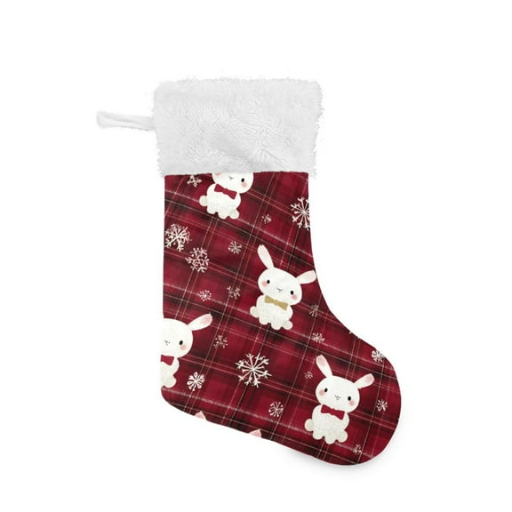 Red Gingham Cute Rabbit Christmas Snow Christmas Stockings Large Capacity 18 inch Gift Bag with Hook Xmas Holiday Decor 1 Pack