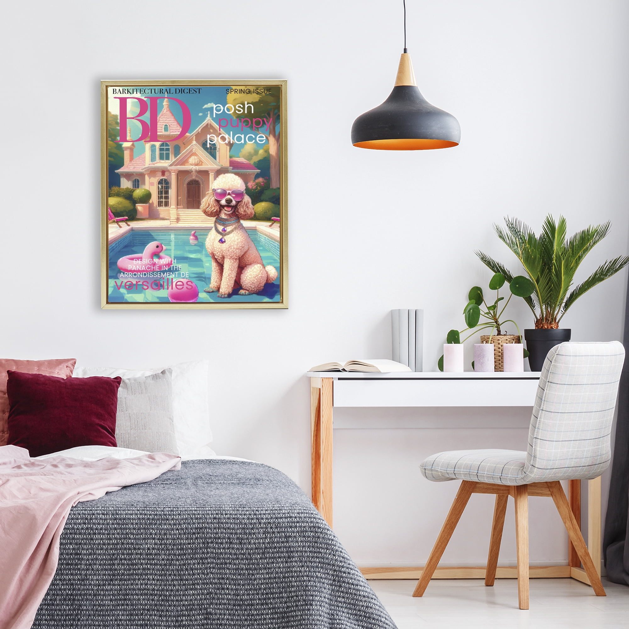Stupell Industries Poodle Magazine Parody Gold Framed Floater Canvas Wall Art, design by Grotto Studios