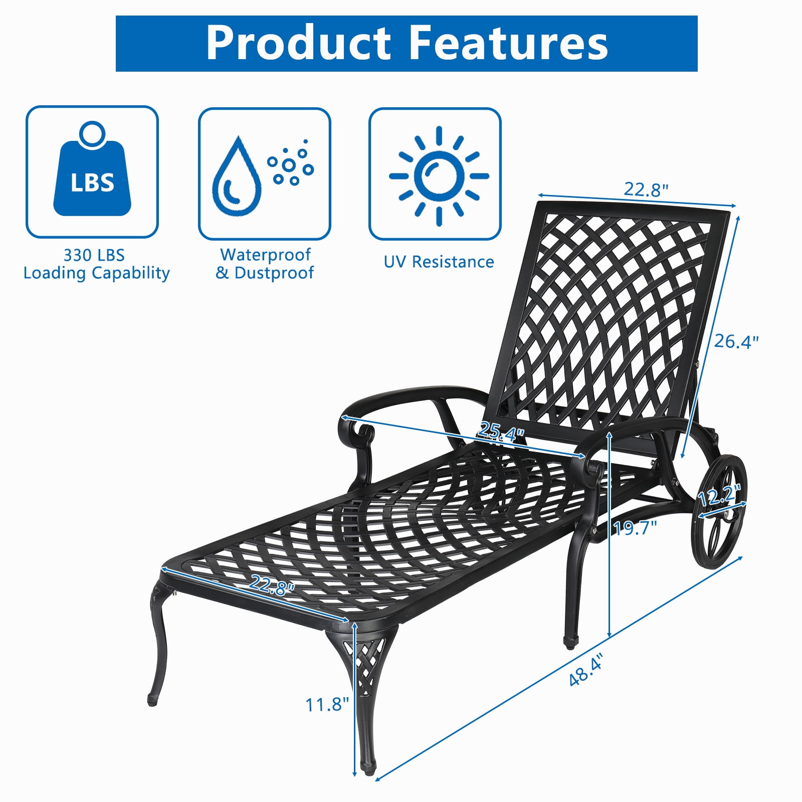 Ktaxon 2 Pack Outdoor Aluminum Lounge Chair Sunbed Lounge Chaise Chair w/ Adjustable Backrest for Patio Garden Poolside, Black