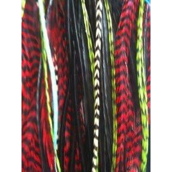 4-6 Red,green,black & Grizzly Remix  Feathers for Hair Extension with Salon Quality Feathers for hair extension