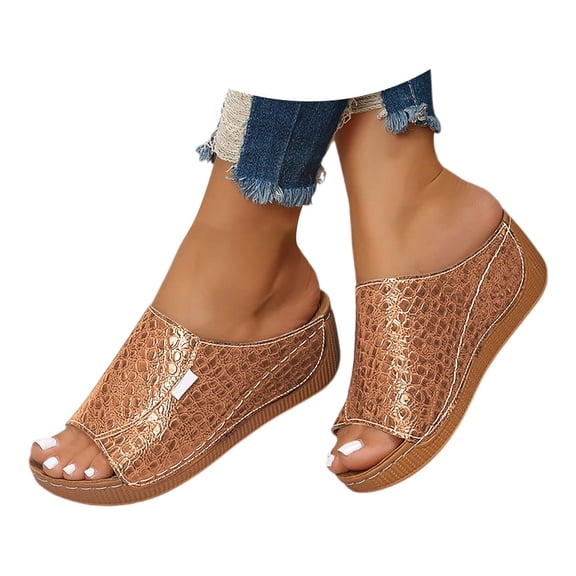 NOKIO Clearence Comfortable Arch Support Slides Women's Solid Color Sandals Breathable Summer Orthotic Leather Platform Wedge Sandals Slip on Women All Day Walking Casual Sandal