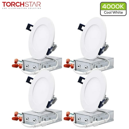 

TORCHSTAR 4 Inch Ultra-Thin Dimmable LED Recessed Downlight with J-box for Living Room Garage 10.5W(Eqv.50W) 4000K Cool White Pack of 4