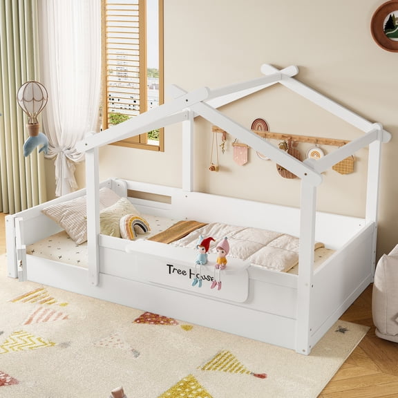 Miniyam Twin House Floor Bed with Fence and Door, Enclosed Kids Floor Bed Frame with Built-In Tray and Removable Signboard, White