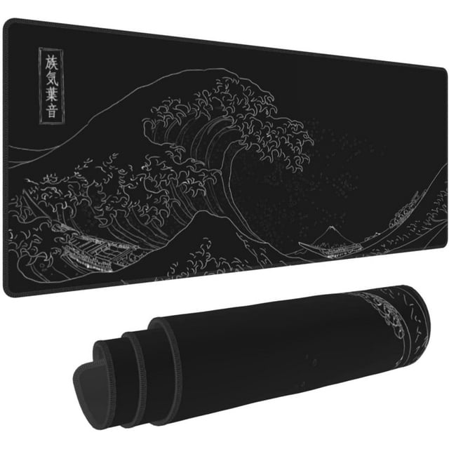 Extended Large Anime Black Mouse Pad The Great Wave off Kanagawa Painting Big Gaming Mouse Mat XXL Non-Slip Water-Resistant Rubber Base Computer Keyboard Mat Full Desk Mousepad 3D Pattern Keyboard Mat