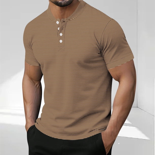 Blusas y camisas de manga corta y cuello redondo para hombre, blusa informal de poliéster de color liso con botones y cuello redondo a la moda para hombre.