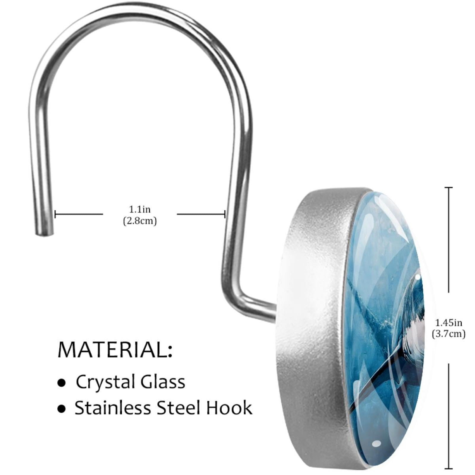 Blue Water Shark Shower Curtain Hooks Round Crystal Glass, Set of 12 Shower Curtain Rings - Shower Hooks for Curtain Shower Rings