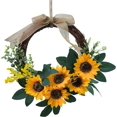 thumbnail image 1 of Corona de girasol artificial de 10.0 in, corona de flores de girasol amarillo y hojas verdes, corona de girasol de ratán para puerta de entrada, pared interior o exterior, 1 of 5
