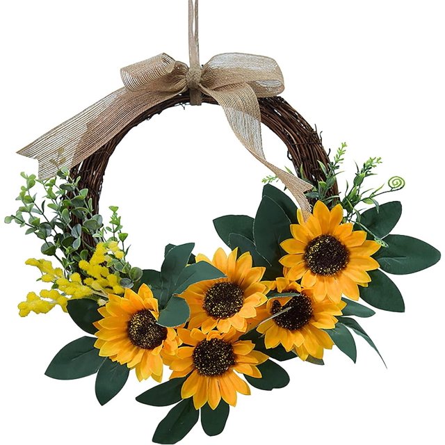 Corona de girasol artificial de 10.0 in, corona de flores de girasol amarillo y hojas verdes, corona de girasol de ratán para puerta de entrada, pared interior o exterior