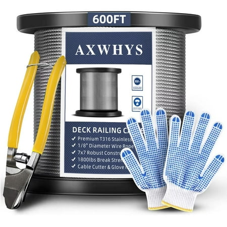 

1/8 T316 Stainless Steel Cable 600 FT Deck Railing Cable with Cutter 7x7 Strands Construction Steel Cable for Railing Handrail DIY Balustrades