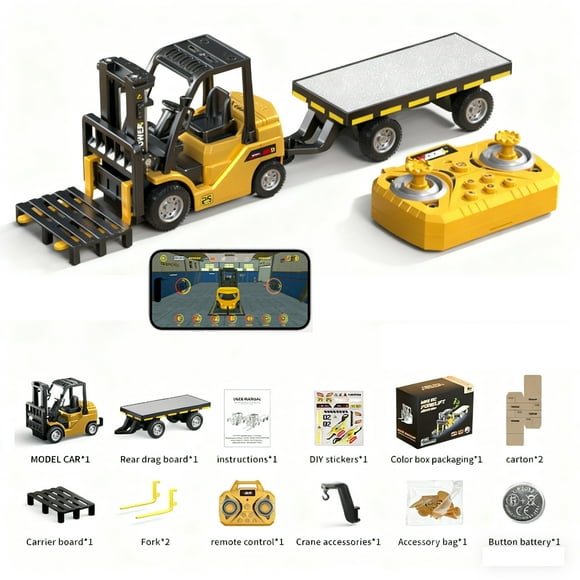 Mini RC Truck 1:64 RC Forklift Toy 2 in 1 RC Cars Lift Fork & Hook with Lights & Sounds for Kids Christmas Birthday Gifts - Yellow