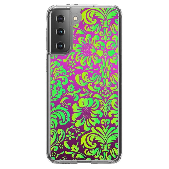 DistinctInk Clear Hybrid Case for Samsung Galaxy S21 (6.2" Screen) - Purple Green Floral Pattern - Lightweight Grip