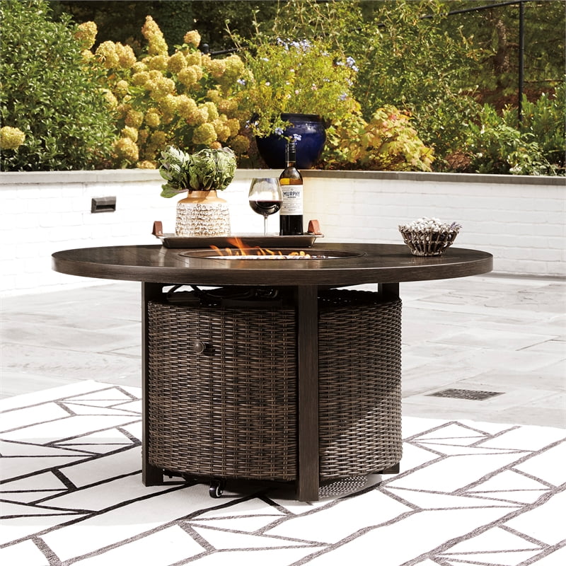 Signature Design by Ashley Paradise Trail Round Fire Pit Table in Medium Brown