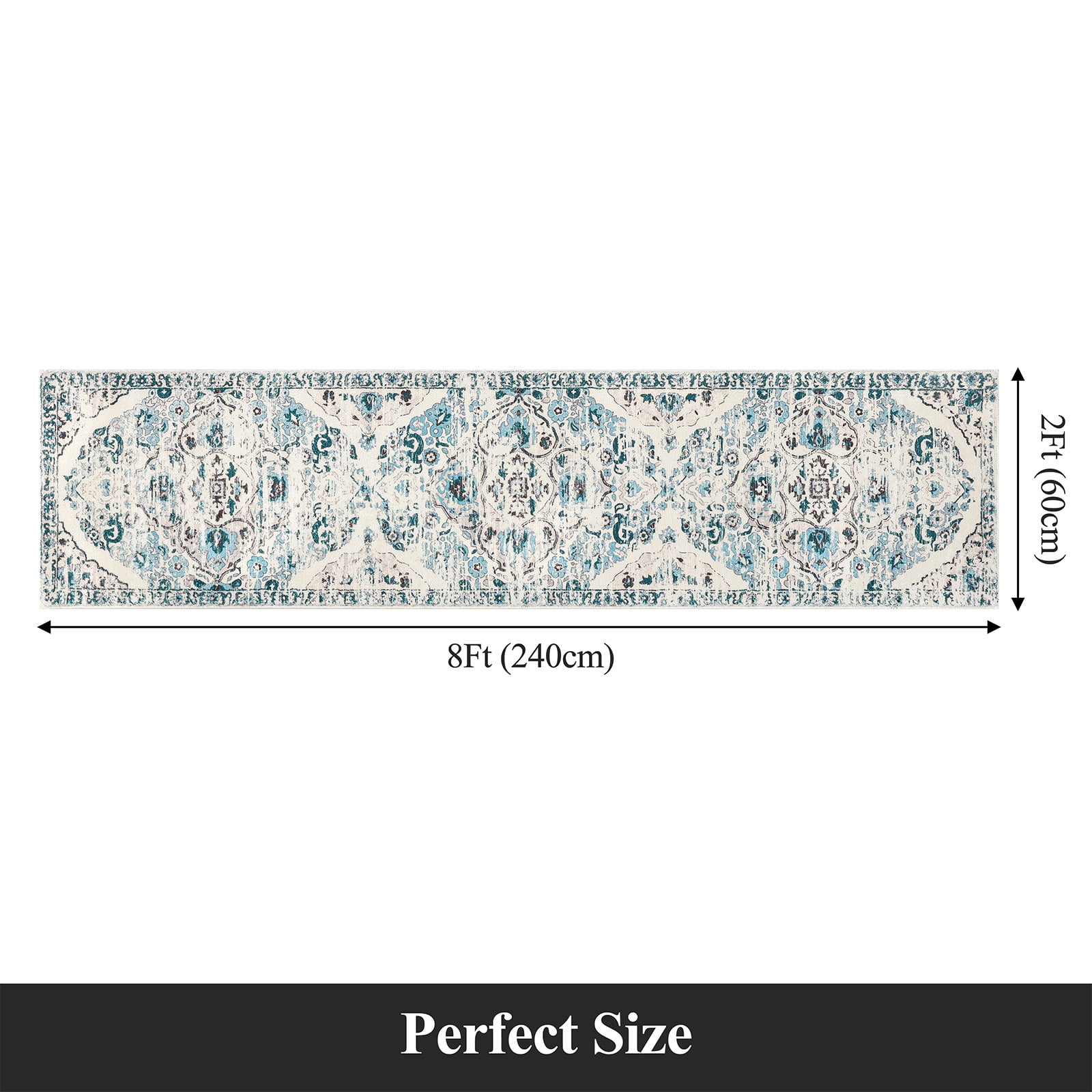 MeyJey 2'x8' Boho Runner Rug for Hallway, Non Slip Machine Washable Rug Distressed Vintage Floor Carpet for Bedroom Kitchen Laundry Room, Blue/Beige