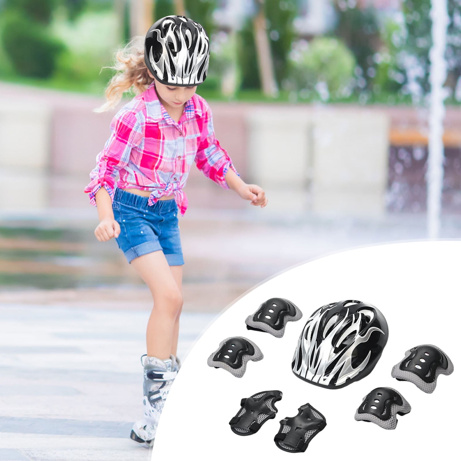 ajkijo 7Pcs Kids Protective Gear Set Adjustable ABS Helmet, Knee & Elbow Pads, Hand-Guards for Cycling, Skateboarding, Roller Skating, Breathable, Lightweight, Comfortable Silver