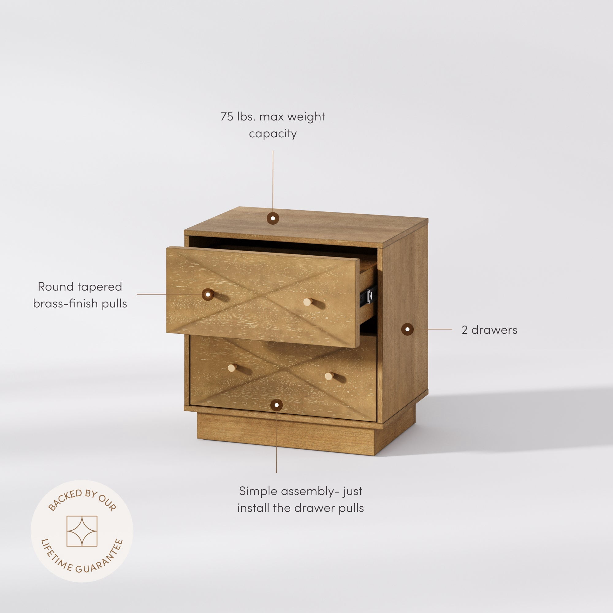 Nathan James Ashen Mid Century Modern Geometric Wood Nightstand, 2 Drawer Nightstand with Carved Accent and Solid Wood Frame, Light Brown