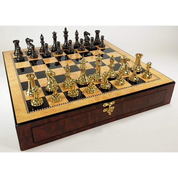 BRASS Black Gold Staunton Exclusive Chess Set Lrg 20" Walnut Color Storage Board