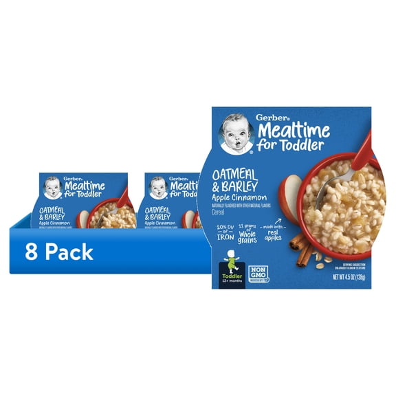 (8 pack) Gerber Mealtime for Toddler, Oatmeal & Barley Cereal, Apple Cinnamon, 4.5 oz