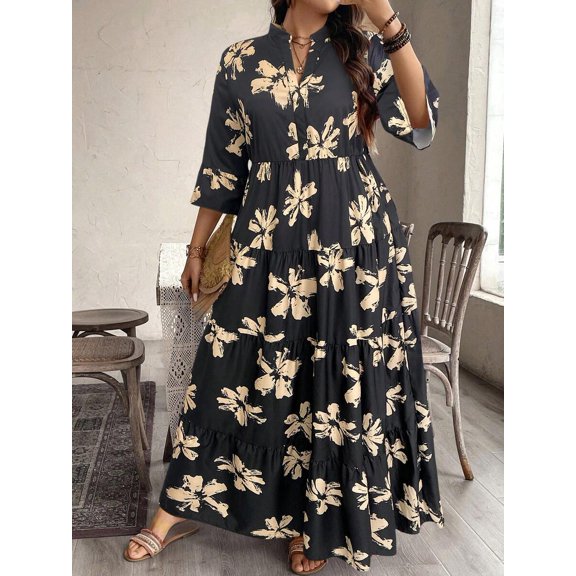 Black Floral Print Long Sleeve Maxi Dress With Tiered Skirt And Mock Neck For Women