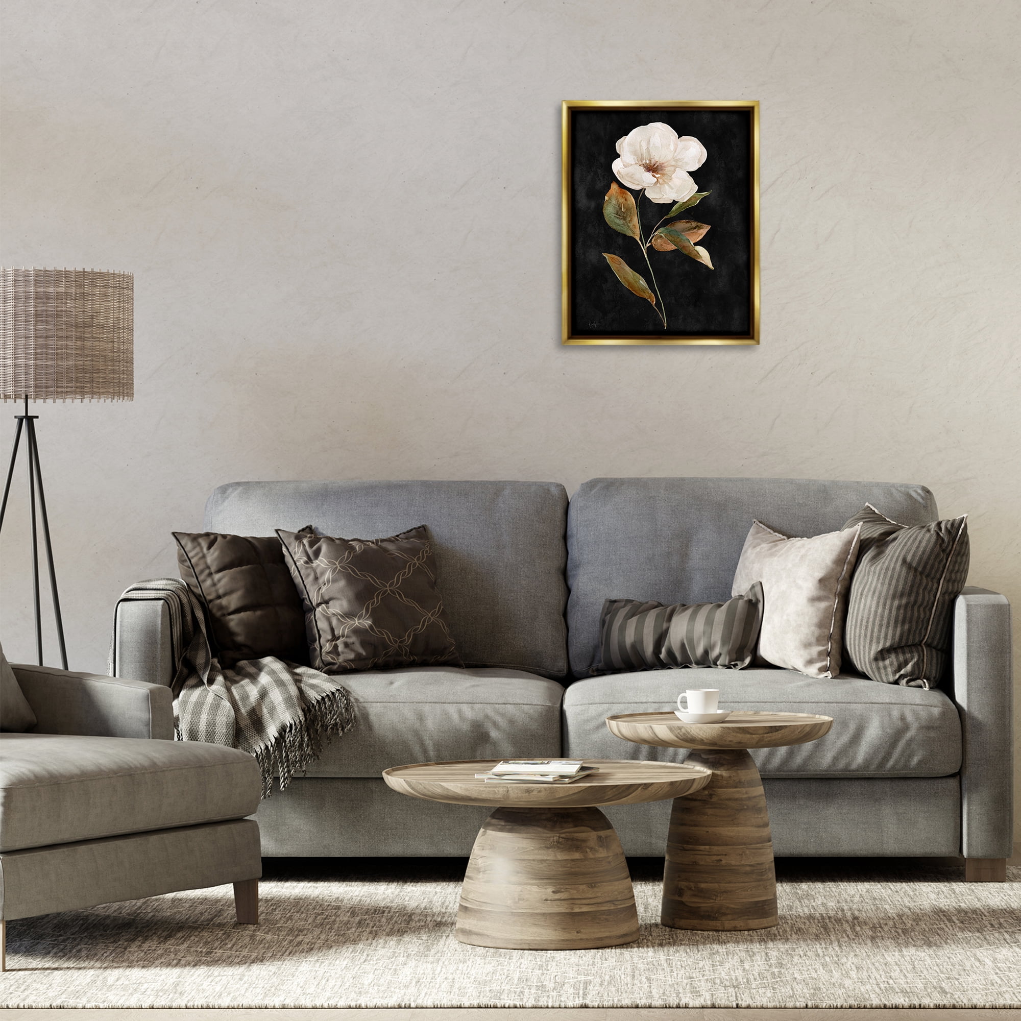 Stupell Industries White Bloom on Black Plants & Flowers Painting Gold Floater Framed Canvas Art Print Wall Art, 17 x 21