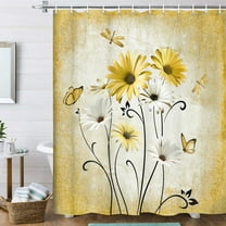 Rustic Boho Yellow Shower Curtain Farmhouse Daisy Floral Flowers Butterfly Dragonfly on Country Wooden Shower Curtain Set, Abstract Aesthetic Bathroom Accessory with Hooks, 70X70