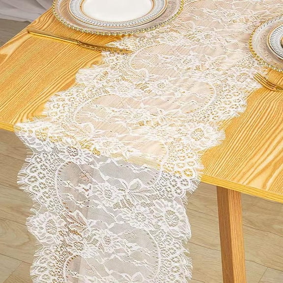 OADUKQ Lace Table Runner, Sheer Floral Lace Table Decor, Weddings Dining Tables Buffets and Celebrations, White, 13.8 X 118.1 in