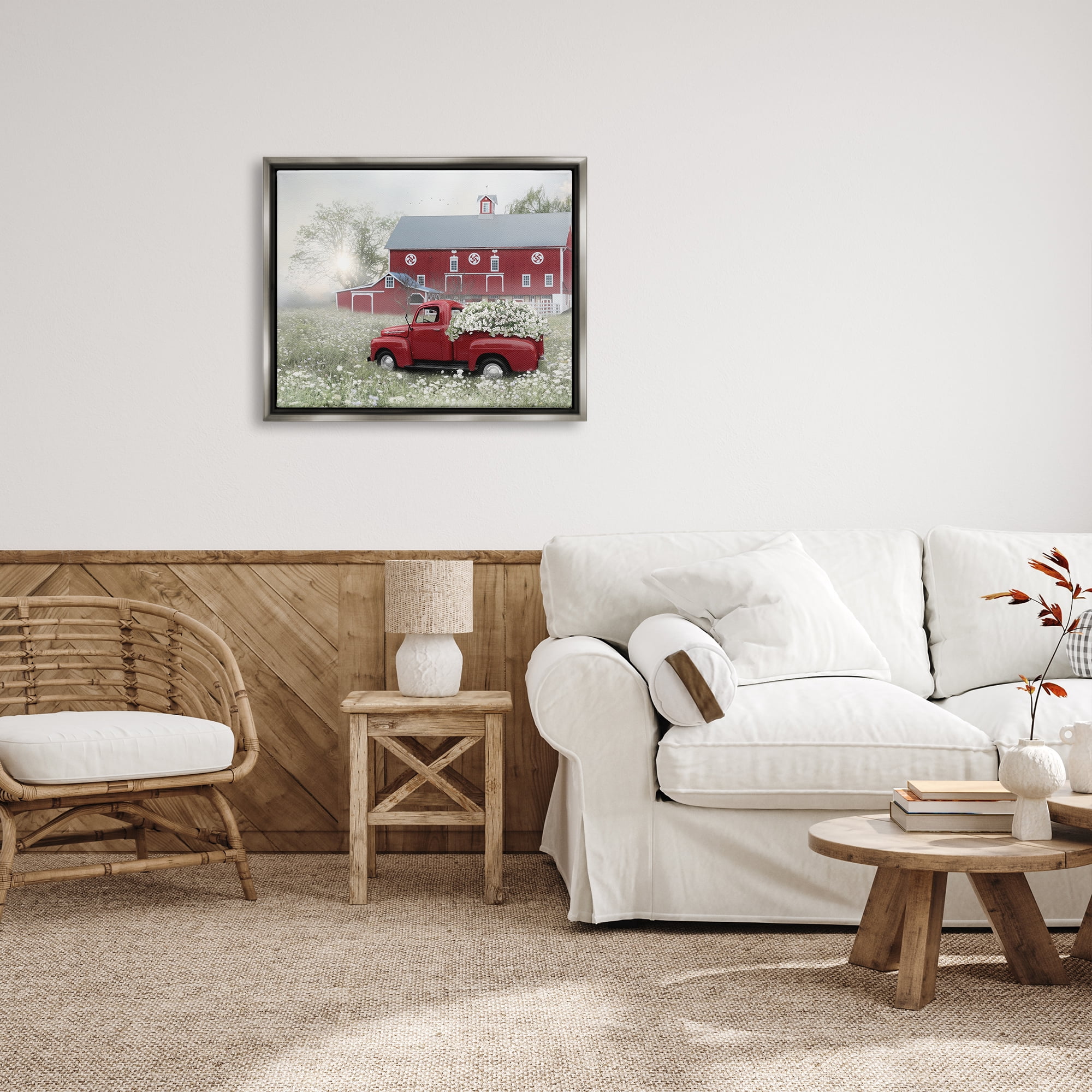 Stupell Red Truck Floral Country Meadow Transportation Painting Gray Floater Framed Art Print Wall Art