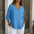 thumbnail image 2 of DENGDENG 3/4 Sleeve Summer Linen Shirts for Women Decorative Button V Neck Blouse Casual Loose Basic Solid Tunic Tops, #01 Blue S, 2 of 7