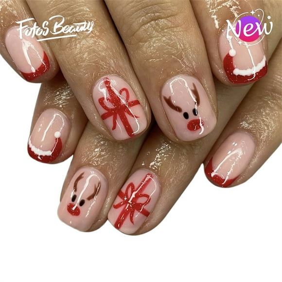 Fofosbeauty 24pcs Press on Nails, Square Tip Nails, Christmas Fake Nails, Full Cover Acrylic Nails for Girls Women, Christmas Snowflakes Cute
