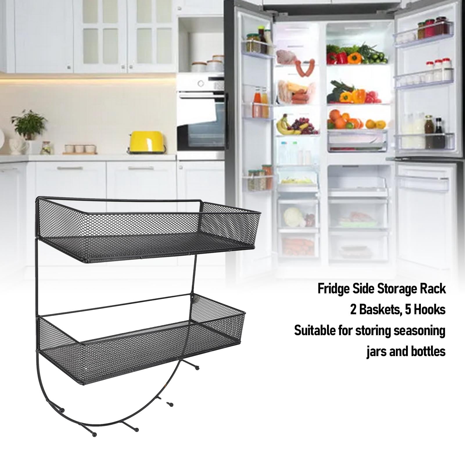 BIMZUC Fridge Side Hanging Rack 2 Tier Seasoning Storage Organizer Shelf with Hooks for Kitchen Black (14.2 x 5.9 in / 36 x 15 cm)