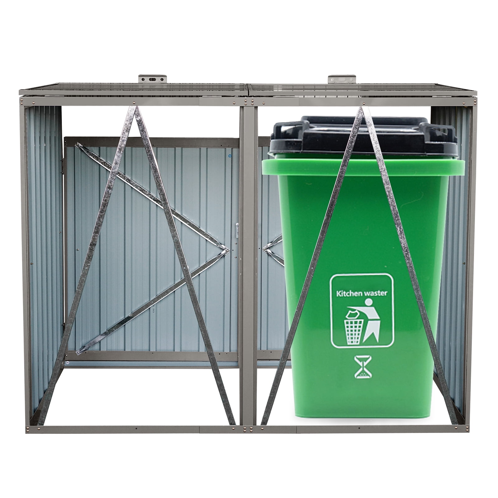 IMagacFun Metal Outdoor Garbage Bin Shed for 2 Trash Cans, Stainless Galvanized Steel Storage Shed for Garden Yard Lawn Gray