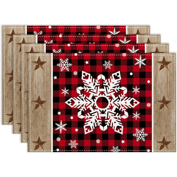 Christmas Placemats Set of 6, 12x18 Inch Farmhouse Red Buffalo Plaid Winter Xmas Snowflakes Country Style Seasonal Heat Resistant Table Mats for Dining Kitchen Birthday Party Holiday Decor