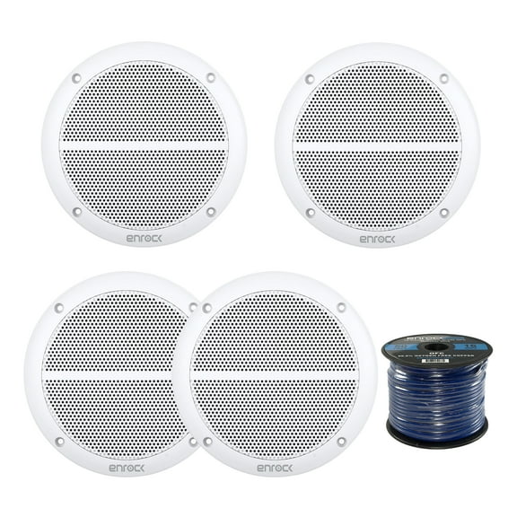 4X Enrock Marine EM602W Dual 6.5" Inch Weather Resistant Full Range Speakers 250 Watts Peak, Enrock Audio Marine Grade Spool of 50 Foot 16-Gauge Speaker Wire
