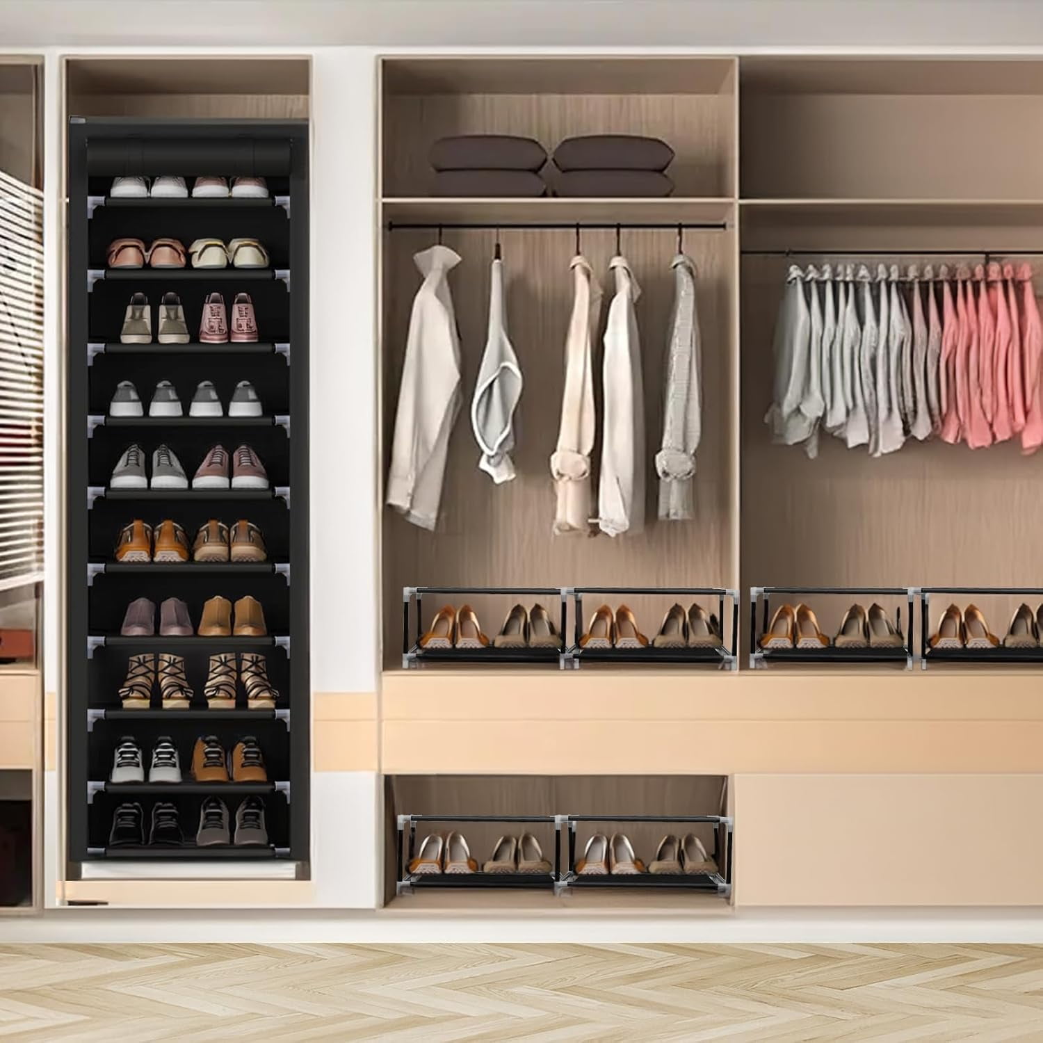 Tall Slim Narrow Shoe Rack with Dustproof Cover - 10 Tier Space-Saving Storage Organizer for Entryway, Closets