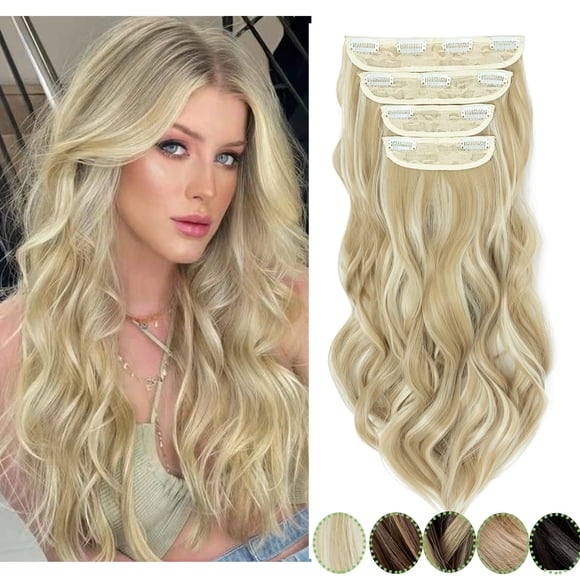 S-noilite 4PCS Clip in Hair Extension Thick Hair Pieces Synthetic Curly Wavy Balayage Hairpieces Long Hair Extensions with Highlights for Women(22 Inch,#24H613C Ash Blonde mix Bleach Blonde)