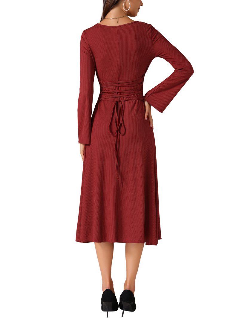 INSPIRE CHIC Women's Knit Midi Dress A-Line Square Neck Long Sleeve Dresses  S Red - Walmart.com
