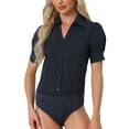 thumbnail image 2 of INSPIRE CHIC Women's Button Up Bodysuit One-Piece Short Sleeve Work Shirt Blouse XS Navy Blue, 2 of 6