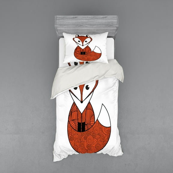 Fox Duvet Cover Set, Cartoon Young Animal Character Spiral Patterns Friendly Charming, Bedding Set with Shams and Fitted Sheet, 3 Sizes, by Ambesonne