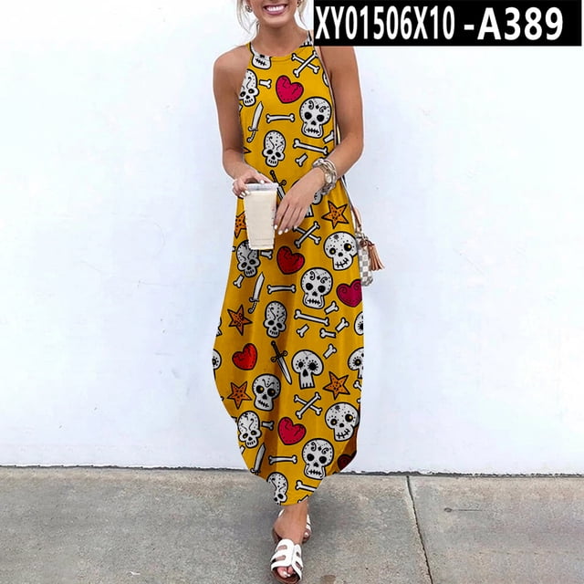 Robes Maxi pour Femmes Imprimé Crâne Sans Manches Robe d'Été Décontractée de Plage Robe Longue à Bretelles Mode Urbaine QZX