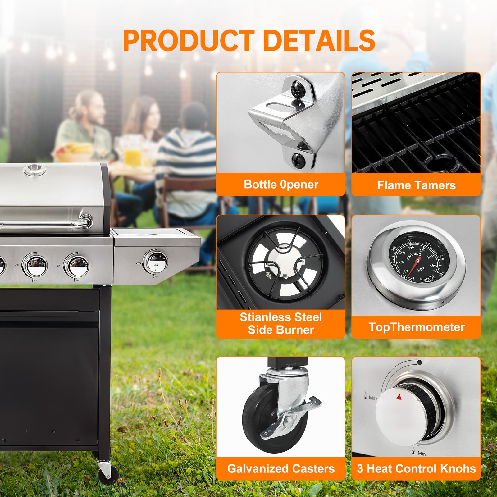 Highsound 3-Burner Propane Gas Grill with Side Burner, 37,000 BTU Outdoor BBQ Grill, Portable Stainless Steel Grill on Wheels for Patio, Garden, Black