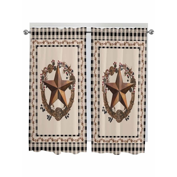 Western Texas Star Vintage Living Room Curtains 2 Panel, Rustic Wreath Black Beige Plaid Cafe Window Treatment, Extra Long Farmhouse Bedroom Bathroom Kitchen Curtains Drapes 104"x72"