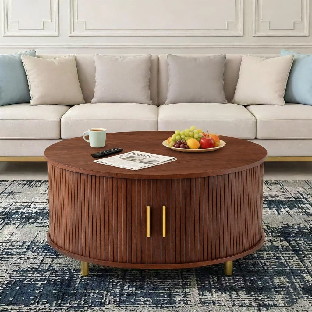 Aisword Round Coffee Table with 360° Sliding Door, Fluted Accent Storage Coffee Table with Adjustable Footpads for Living Room, Walnut
