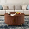thumbnail image 3 of AISWORD Round Coffee Table with 360° Sliding Door, Fluted Accent Storage Coffee Table with Adjustable Footpads for Living Room, Walnut, 3 of 6