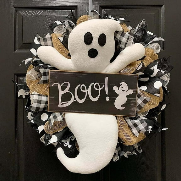 Halloween Boo Ghost Front Door Wreath Decoration Spooky Hanging Holiday Party Ornaments with Specter Doll Accessory for Indoor-Outdoor Home Thanksgiving Christmas Decor
