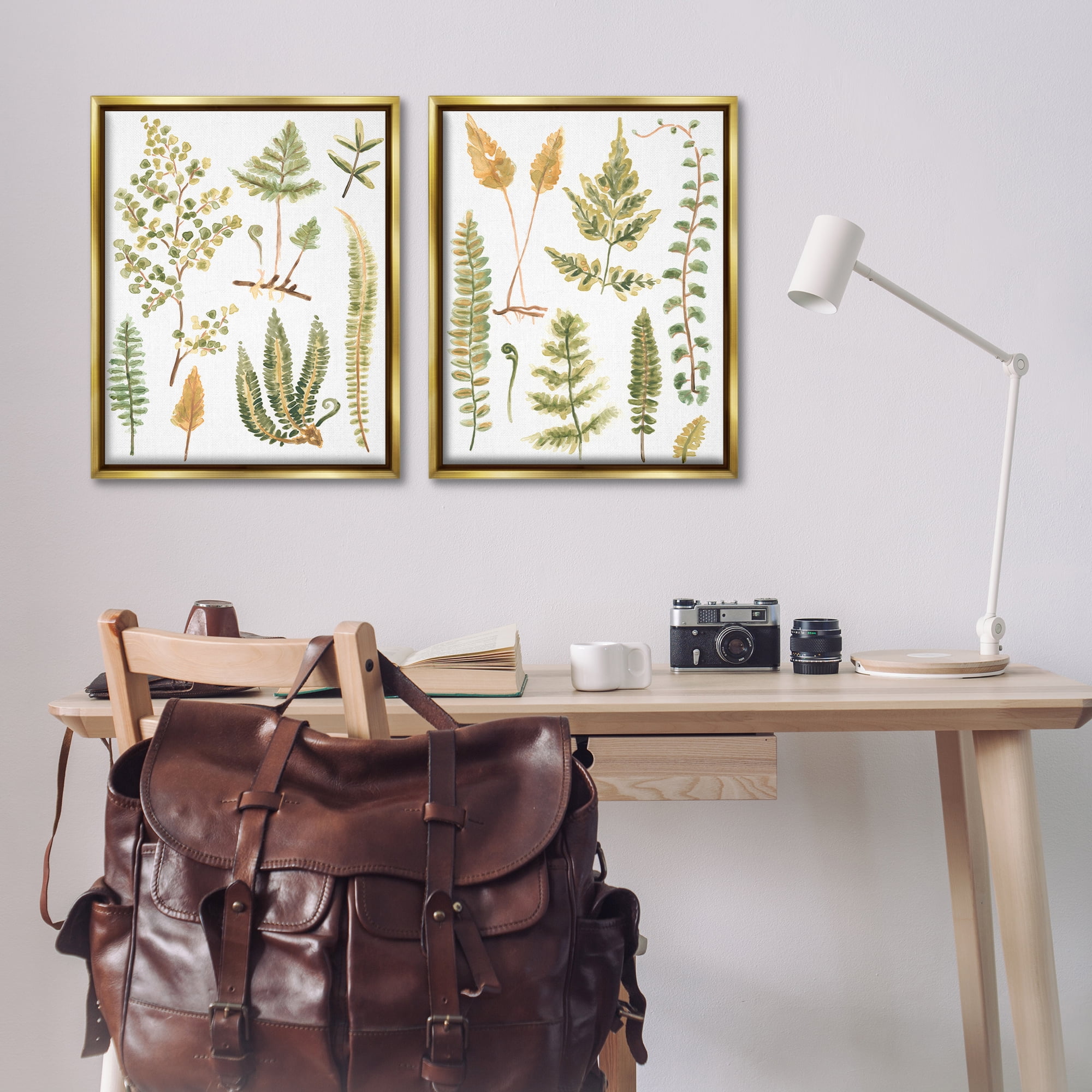 Stupell Industries Watercolor Fern Leaves Plants & Flowers Painting Gold Floater Framed Canvas Art Print Wall Art, 31 x 25, Set of 2