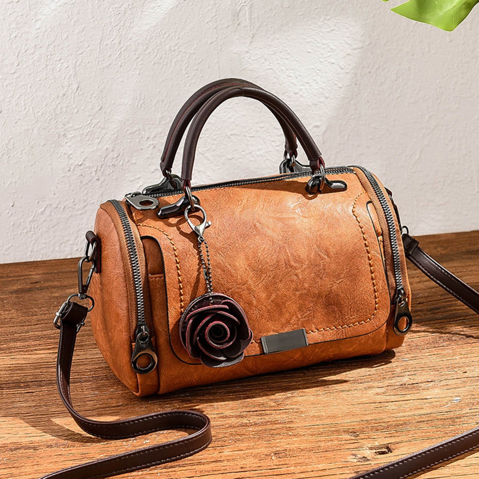 Vintage Top Handle Crossbody Bags for Women Rose Retro Leather Small Cross Body Barrel Purse Satchel Handbags
