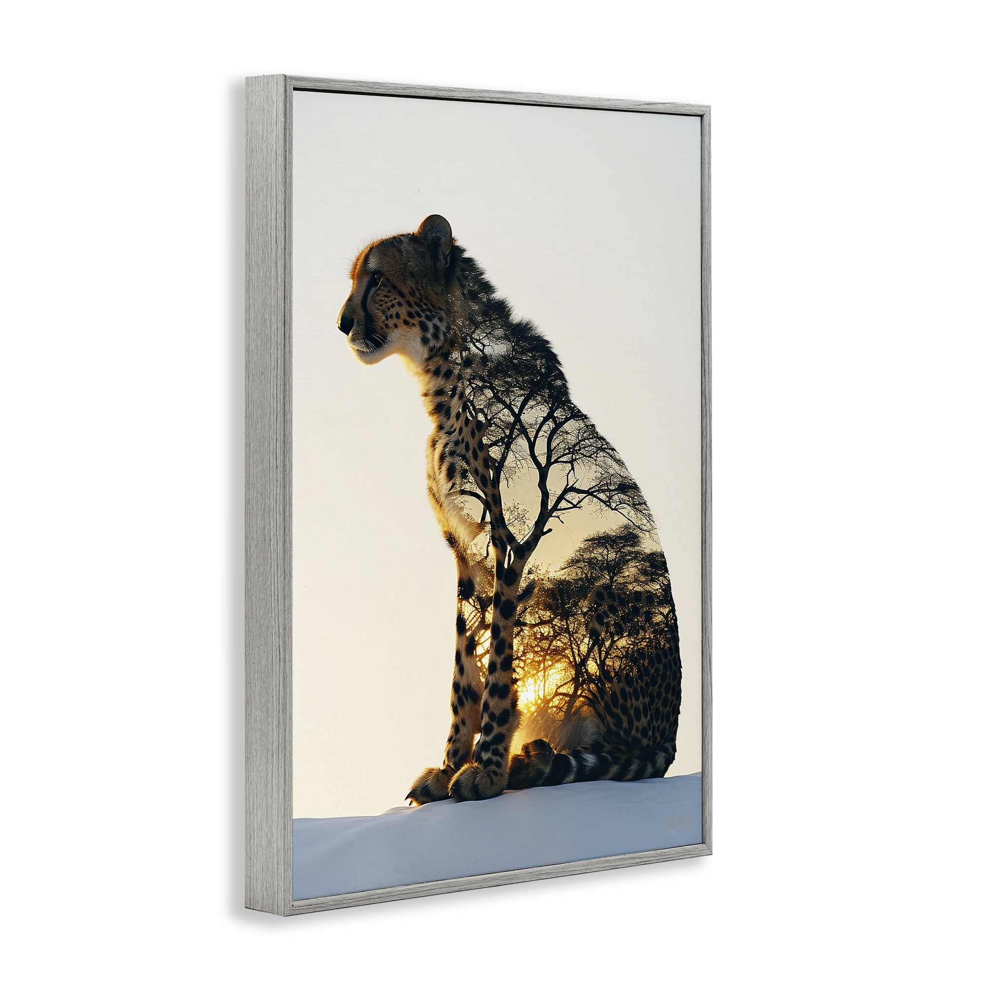 Stupell Industries Leopard with Silhouette Animals & Insects Painting Gray Framed Art Print Wall Art, 16 x 24