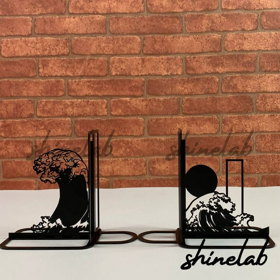 Shinelab Wave Metal Bookends Coastal Wave Name Bookend Gift, Metal Ocean Desk Bookshelf Decor 5288
