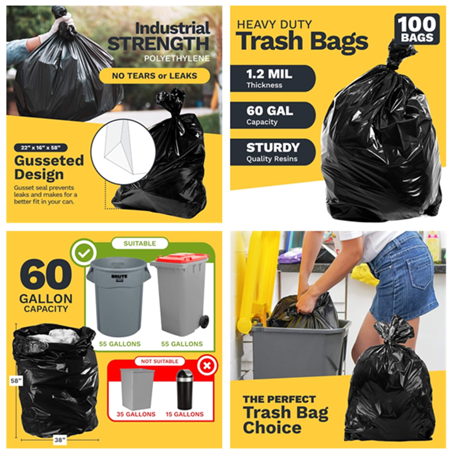 55 Gallon Trash Bags Heavy Duty (100 Count) - 50-60 Gallon Black Garbage Bags, Large Trash Bags - 38 x 58"